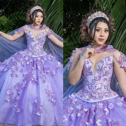 Lawendowa fioletowa suknia balowa sukienki Quinceanera z Cape Floral Applique Koraliki