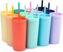 4 pack Matte Pastel Colored Acrylic Tumblers with Lids and Straws 16oz Double Wall Plastic Tumblers With Straw Cleaner5184047