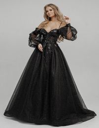 2021 Black Gothic Wedding Dresses Gowns Off the Shoulder Long Sleeves Sequins Tulle Sparkle Goth Bridal Robes With Color Non White9171403
