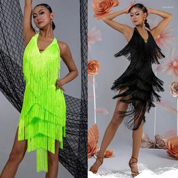 Stage Wear Fluorescent Green Tassel Latin Dance Dress Women Halter Neck Fringe Adult Competition Cha Samba Costume DNV17498