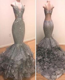 Sexy Charming Grey Sequins Mermaid Prom Dresses 2019 Straps Spaghetti Backless Floor Length Evening Party Gowns Vintage Wear6063084