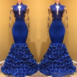 Royal Blue Black Girls Mermaid Evening Dresses Long Sleeves Lace Applique Keyhole Neck Prom Dresses 3D Rose Flowers Pageant Gowns286M