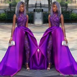 2022 Purple Jumpsuits Prom Dresses With Detachable Train High Neck Lace Appliqued Bead Evening Gowns Luxury African Party Gowns PR232m