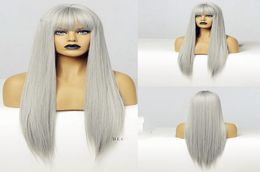 Grey Colour Synthetic Hair Wigs With Full Neat Bangs Long Silky Straight Heat Resistant Synthetic Replacement Hair Wigs For Fashion8884992