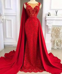 Red Lace Stain Mermaid Evening Pageant Dresses with Long Cape 2020 Modern Overskirt African Sheer Neck Occasion Prom Gowns2877709