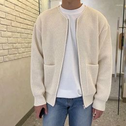 Men's Sweaters Autumn And Winter Commuting Clothing Fashion Zipper Splice Pockets Round Neck Long Sleeve Versatile Solid Color Sweater