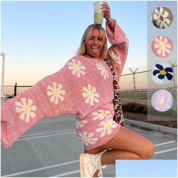 Women'S Tracksuits Womens Tracksuits Sweet Cute Women Two Piece Flower Knitted Sets Casual Lounge Wear Outfits Oversized Sweater Zipp Dhmwv