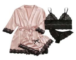 Lace Satin Women Pyjamas Sleep Robe 4pcs Set Fashion Style Home Clothing Suit Ladies Sexy Bra Shorts Underwear4820667