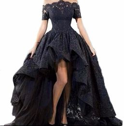 2019 New Black Lace Strapless Off The Shoulder Short Sleeves High Low Prom Dresses Lace Evening Party Gowns Vestido Longo AL095494837