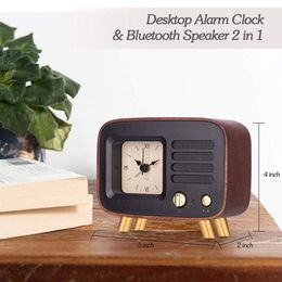 IALJ Top Retro Alarm Clocks & Bluetooth Speaker Roman Numbers Silent Wooden Analogue Desktop Clock W Rechargeable Stereo HD Soun212T