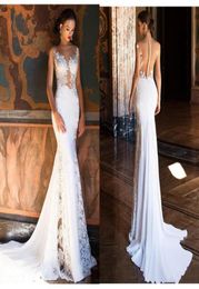 Mermaid Wedding Dress 2020 Sexy Jewel Sheer Neck Lace Appliques Bridal Dress See Through illusion Sleeveless Back Beach Wedding Go2140721