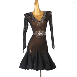 Stage Wear Latin Rhinestones Dress V Neck Dance Competition Performance Costume Ballroom Practise Exercise Clothing Nightclub Outfits