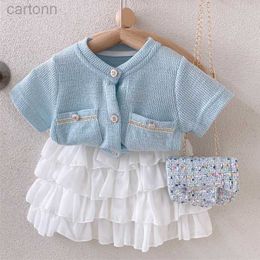 Clothing Sets Clothing Sets Summer Knitting Short SleeveWhite Layered Skirt Kid Clothes Lady Style Girl Suit Children Clothes ldd240311
