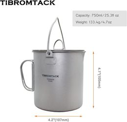 TIBROMTACK Titanium Camping Cup 750ml Mug with Lid and Foldable Handle Ultralight Portable Pot for Travel Hiking Picnic Open Fire Cooking with Mesh Bag
