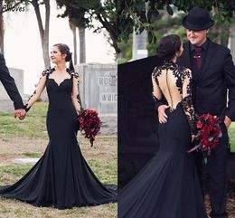 Gotische schwarze Meerjungfrau-Hochzeitskleider, herzförmig, Spitze, appliziert, Vintage-Brautkleid, lange Ärmel, Illusion, Knöpfe am Rücken, Hofzug, Damen Robes de Mariee CL3374