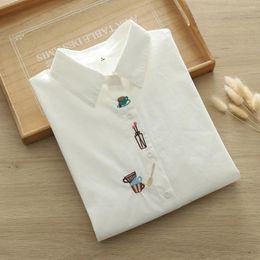 Women's Blouses Women Spring Blouse Long Sleeve Turndown Collar Cartoon Cups Embroidered Cotton White Shirt Japan Style Casual Top