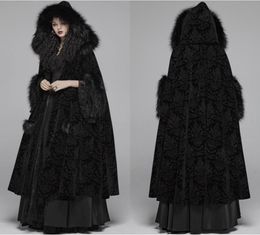 Black Fur Winter Cloak Cape Hooded with Print Trim Long Bridal Wraps Jackets Special Party Banquet Gothic Wrap Wedding Bride Wea2513817