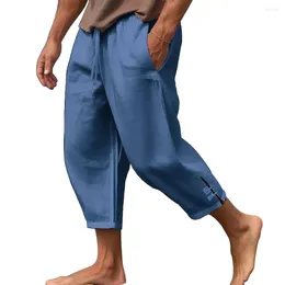 Men's Pants Plus Size Men Cropped Drawstring Elastic Waist Loose Pockets Split Deep Crotch Breathable Summer Beach