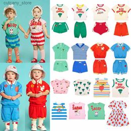 T-shirts Korean BeBe Baby Girl Cute Short Sleeve Tee Shirt Children Cartoon Tops Shorts Pants Summer Kids Boy Stripe Set Cloth T-shirt L240311