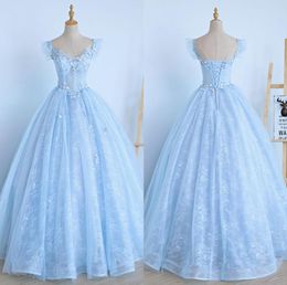 Light Blue Lace Quinceanera Dresses Hand Made Flowers Flared sleeves Unique Neckline Backless Corset Back Princess Sweet 15 Party 1769707