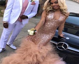 Rose Gold Sequined Mermaid Prom Dresses For African Black Girls 2022 VNeck Ruffles Tiered Skirt Long Evening Gowns2274708