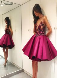 2020 Sexy Fuchsia 3d Flowers Short Cocktail Dresses See Through Lace Appliqued Homecoming Gown Mini Length Formal Party Prom Eveni5321709