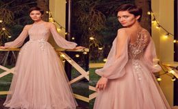 Blush Pink Evening Dresses Scoop Neck Appliqued Beaded Prom Dress Long Sleeves Ruffle Sweep Train Custom Made Formal Party Gown4137214