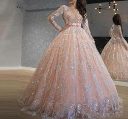 2020 Sparkly Pink Prom Dresses Sequin Lace Ball Gown Plus Size African Jewel Neck Long Sleeve Sweet 16 Dress Evening Gowns6607757