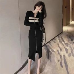 Wrap Hip Contrast Grey Black Striped Dress Women Robe Casual Wild Vestidos Knitted Zipper 2024 Ropa Sweater Pencil240311