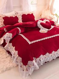 Bedding Sets Princess Style Winter Thickened Double-sided Crystal Velvet Four Piece Set Coral Duvet Cover Bed Sheet Lace Skirt