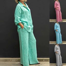 Women Linen Casual Shirt 2 Pieces Set Lapel Button Blouse Trousers Outfits Loose Wide Leg Pants Suits Plus Size Autumn Winter 240307