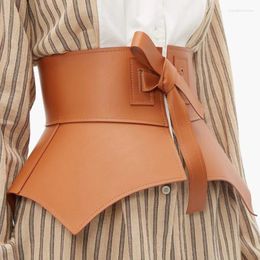 Belts French Retro Bow Tie Wide Waistband Women Fashion Solid Leather Cumber Bands Versatile Waist Belt Colour Accessories