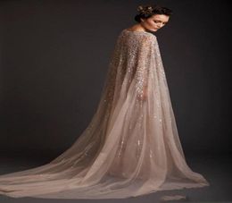 Luxury Sparkling Beadeding Evening Dresses Cap Sleeve Crew Sequins Tulle Lady Party Gowns Fashion Prom Dress with Cape Custom Made8128287