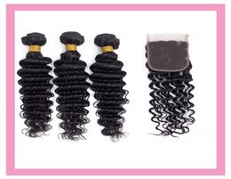 Malaysian Unprocessed Human Hair Extensions Deep Wave Bundles With 4X4 Lace Closure Middle Three Part Deep Curly Natural Colo7330635