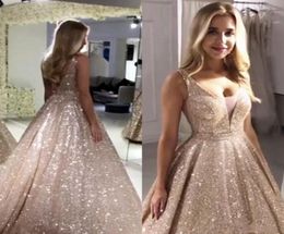 Gorgeous Rose Gold Sequined Prom Dresses 2019 V Neck Sparkling Sequin Aline Backless Evening Party Gowns Robe De Soiree BM02467025607