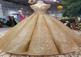 New Long Bling Gold Prom Dresses Sequins Ball Gown Quinceanera Dresses Off Shoulder Court Train Formal Evening Wear Dress Lace Up 8794043