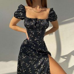 Style Printed Square Collar Knotted Split Womens Dress Summer Small Floral