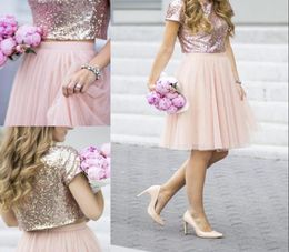 2017 Newest Two Pieces Bridesmaid Dress Sparkly Rose Gold Sequined Blouse Tulle Knee Length Skirt Stylish Separates Junior Bridesm5823216