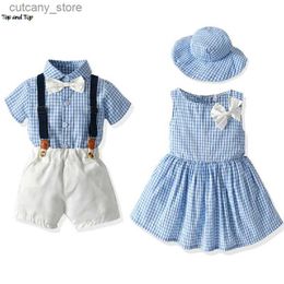 T-shirts top and top Brother and Sister Baby Matching Outfits Toddler Infant Boys Gentleman Suit+Princess Girls Tutu Dress Plaid outfit L240311