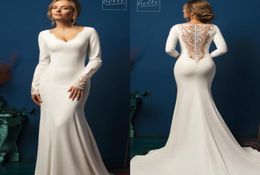 2020 Modest Mermaid Wedding Dresses Sweep Train Lace Satin V Neck Long Sleeve Bridal Gowns Custom Made Simple Country Wedding Dres8623909