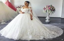 2020 New Luxury Lace Ball Gown Wedding Dresses A Line Off Shoulder Sweep Train Bridal Gowns With Lace Applique Plus Size Wedding G9227355