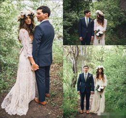 VintageInspired Hippie Maxi Crochet Lace Bohemian Long Sleeve Wedding Dresses modest Vneck Beach Boho Cheap Wedding Gowns Plus S4474018