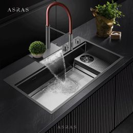 ASRAS Waterfall Faucet Kitchen Sinks Nanometer Large Size 4mm Panel Handmade Sinks Cup Rinser Kitchen Sinks