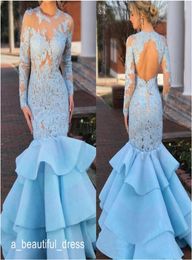 Ruffles Lace Prom Dresses with Long Sleeve Modest Sheer Jewel Neck Open Back Mermaid Fishtail Sky Blue Evening Gowns Wear ED11532462571