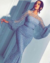 2021 Ice Blue Arabic Mermaid Prom Dresses Sheer Neck Long Sleeve Sweep Train Pears Beads Formal Dresses Evening Party Wear vestido3528427