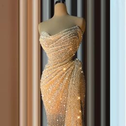 Paljetterad sjöjungfru Champagne Prom -klänningar veck med pärlor med pärlor Längd Kvällsklänningar Party Dress Special Occassion Robe de Soiree