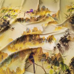 Fabric 1 Metre X 1.4 Metre Birds Mountain China Painting Viscose Cotton Fabric Soft Dress Shirt Robe Material