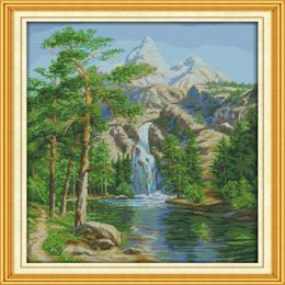 High mountain and flowing water home decor painting Handmade Cross Stitch Embroidery Needlework sets counted print on canvas DMC 192Z