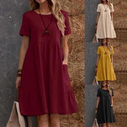 Casual Dresses Women Ruffled Summer Dress Solid Vintage Cotton And Linen Loose Vestidos Round Neck Short Sleeve Sundresses With Pockets