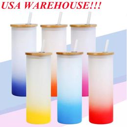 local warehouse sublimation gradient straight glass tumbler with bamboo lid 25oz glass can glass tumbler reusable straw beer Can m273Y